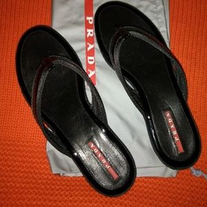 Prada Black and Red Women's Leather Flip Sandals